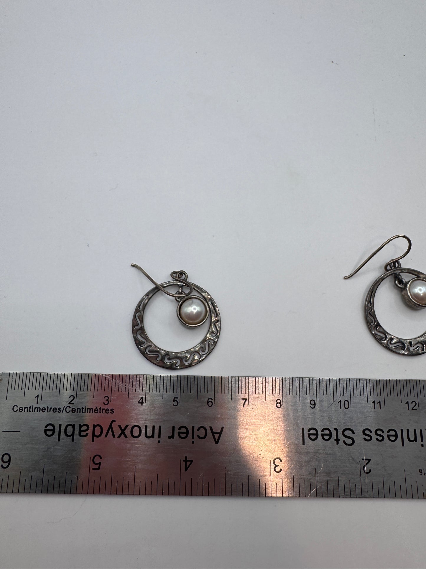 Vintage Israel OR Paz Sterling Silver 925 Hammered Pearl Circle Earrings – Excellent Condition