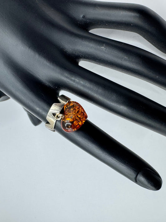 Vintage Sterling Silver Amber Heart Drop Ring Size 5