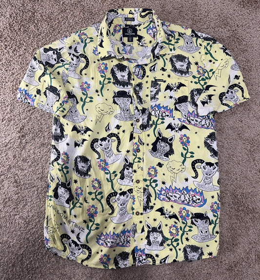 Vintage Volcom Men’s Shirt – Size L, Atypical Print, Short Sleeve 100% viscose