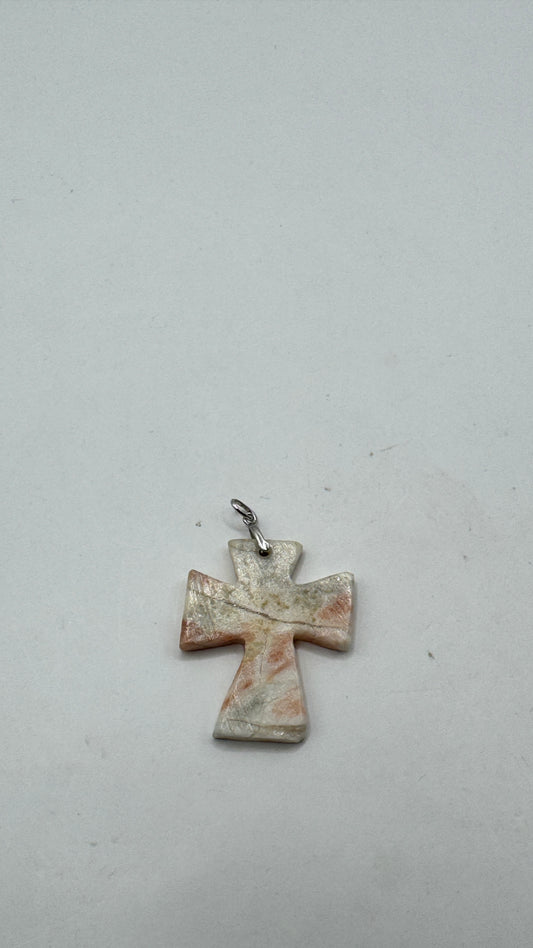 Vintage Large Stone Cross Pendant – Sterling Silver Natural Stone Cross Charm