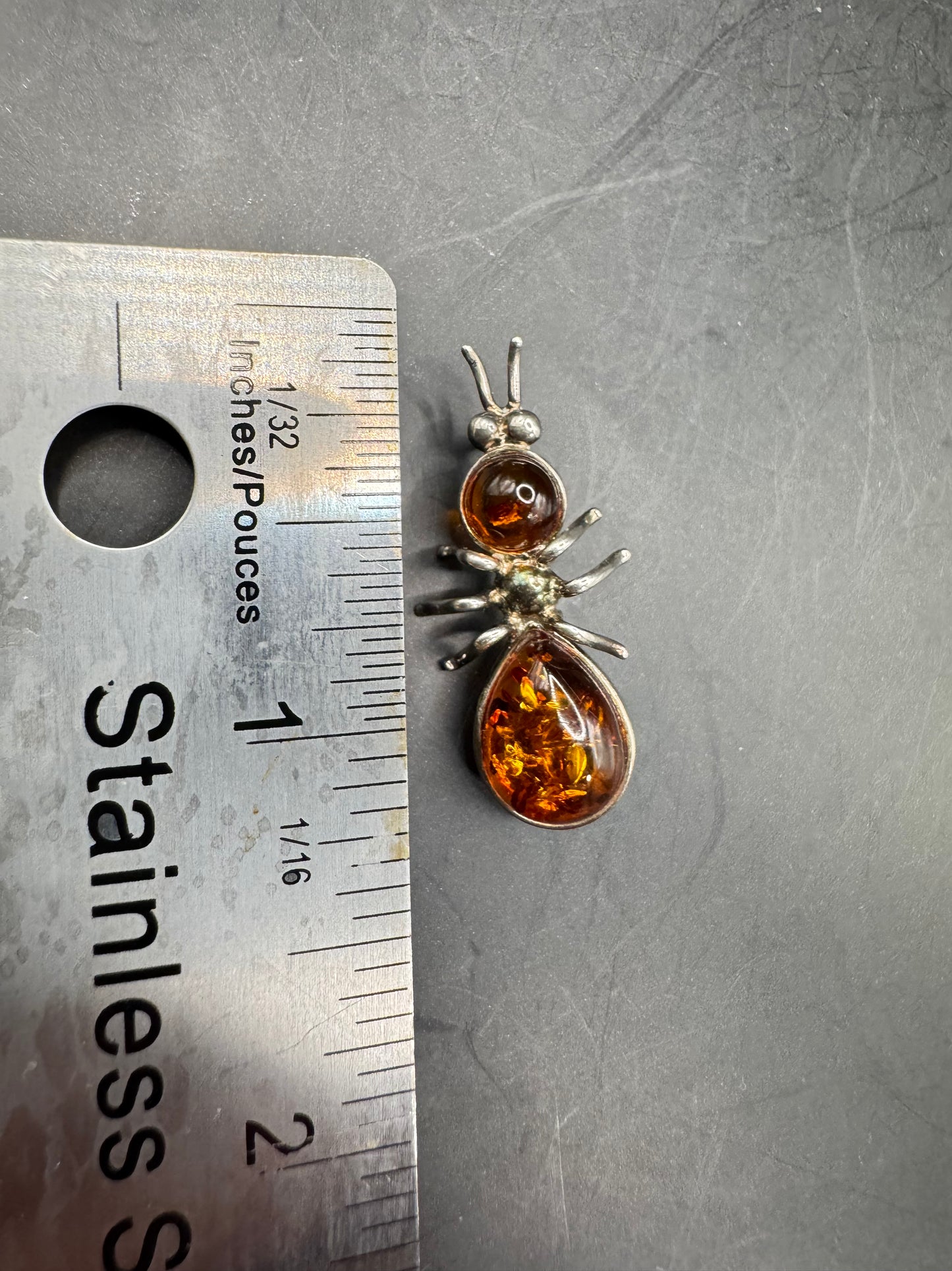 Vintage Amber Sterling Silver Ant Brooch