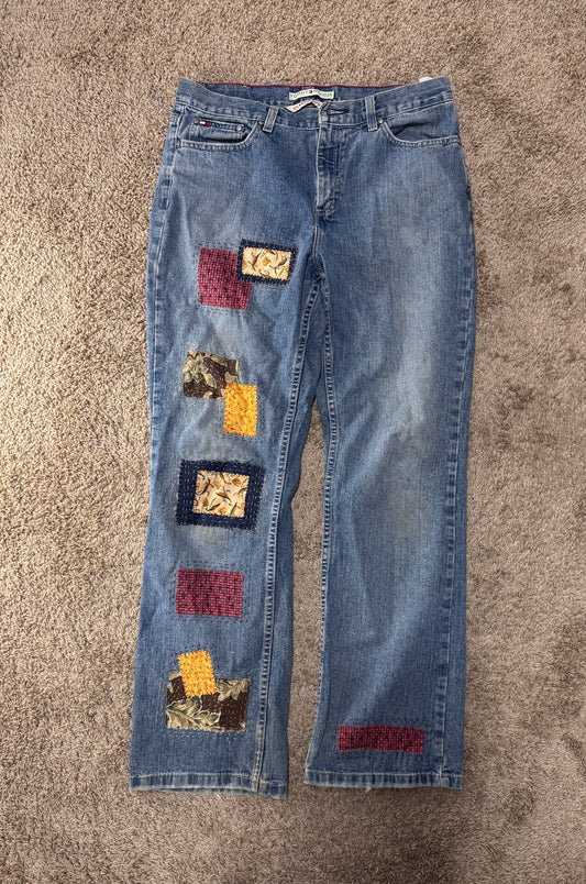 Vintage Tommy Hilfiger Women’s Jeans – Size 10R, Blue Wash, Custom Patchwork Decor (One-of-a-Kind)