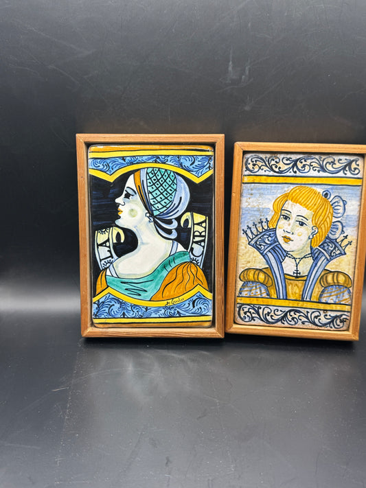 Pair of Vintage Italian Castelli Maiolica Portrait Tiles – Hand Painted Tin-Glazed Ceramic Wall Art – Framed Renaissance Style Plaques – Made in Italy