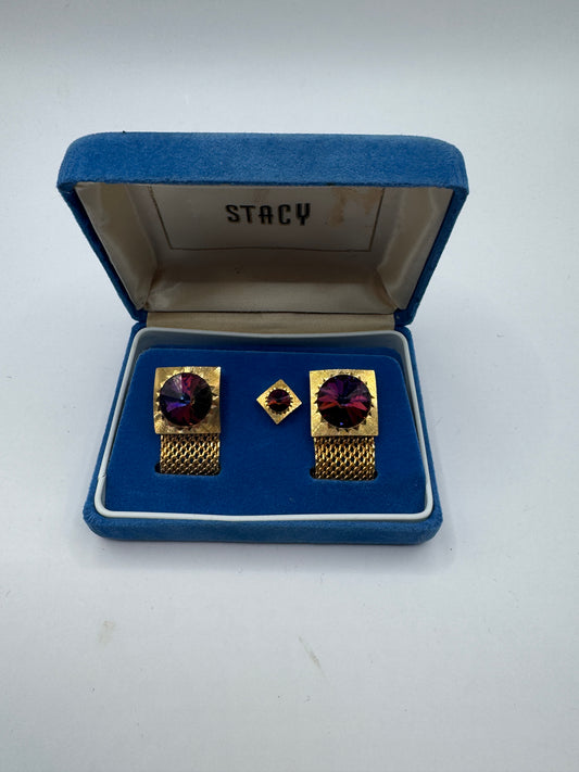Vintage 70s Rivoli Crystal Cufflinks & Tie Pin Set – Watermelon Prism Gold-Tone