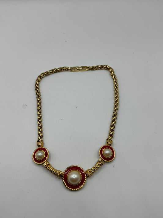 Vintage Richelieu Necklace – Gold Tone, Red Enamel & Faux Pearl, 16”, Statement Piece