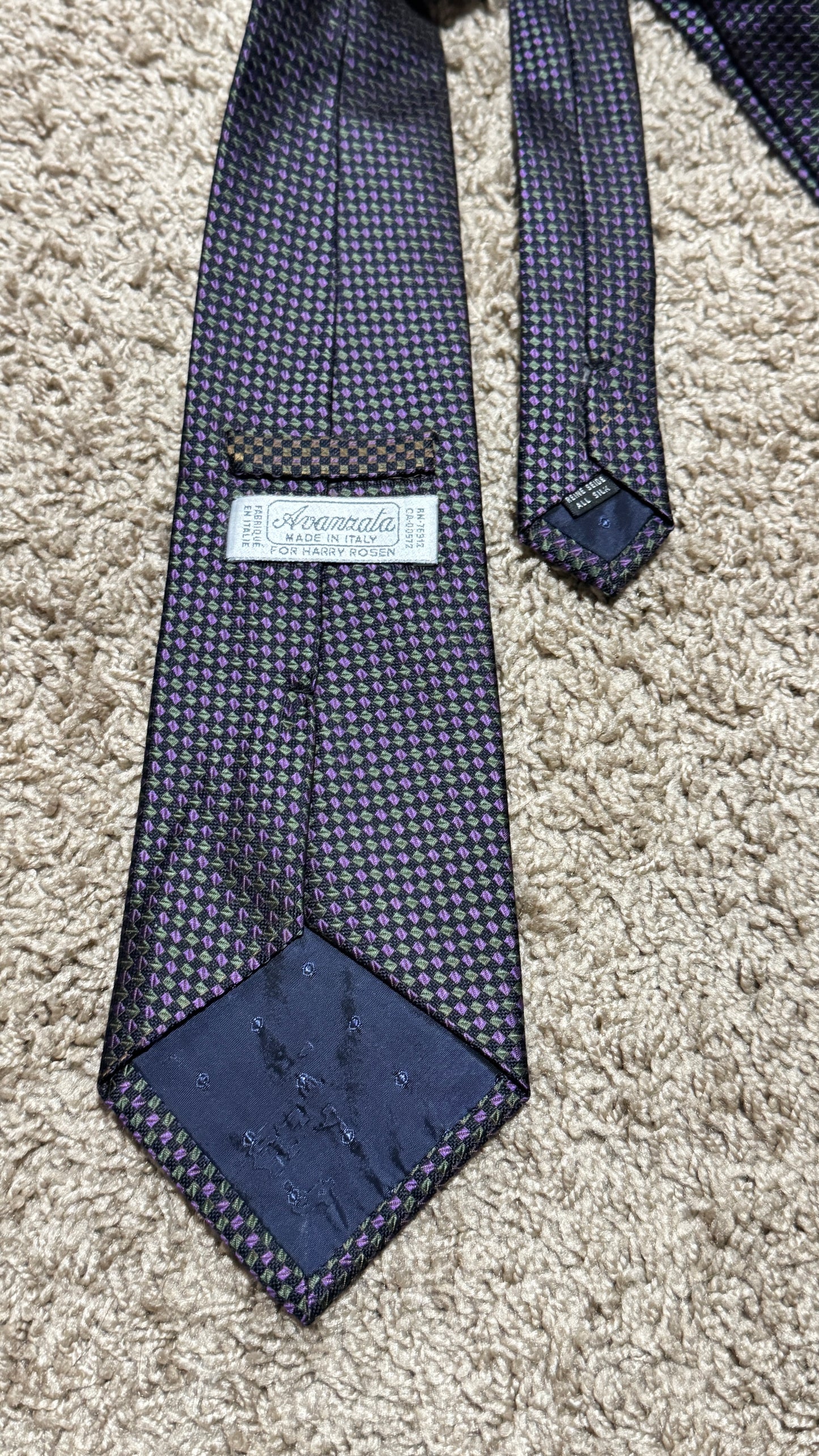 Vintage Aianzala for Harry Rosen 100% Silk Tie – Purple Green Geometric Italian Designer Necktie 57” x 4”