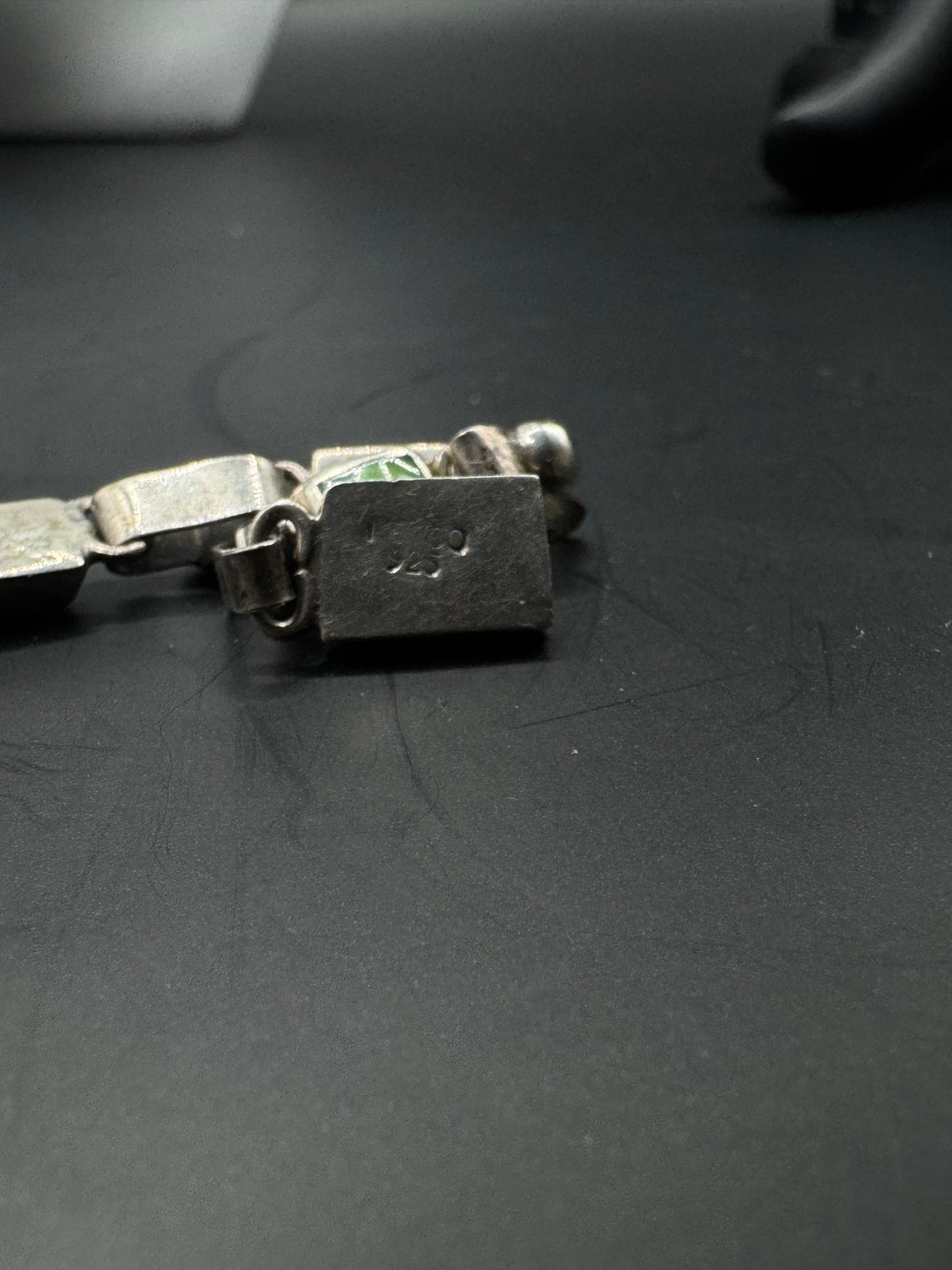 Vintage Mexican Sterling Silver 925 Bracelet with Green Stone Inlay – Taxco Style Link Design