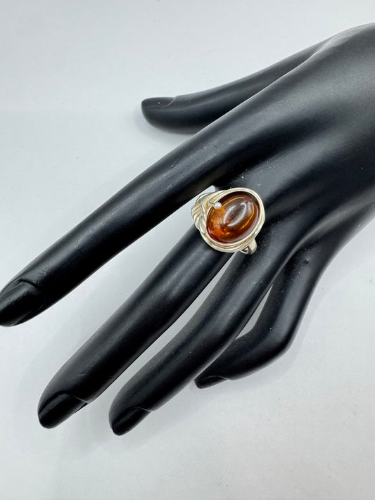 Vintage Sterling Silver Amber Bloom Ring Size 8.5