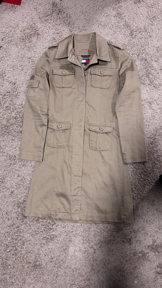 Vintage Tommy Hilfiger Women’s Military Coat – Size M, Khaki, Utility Pocket Trench Style