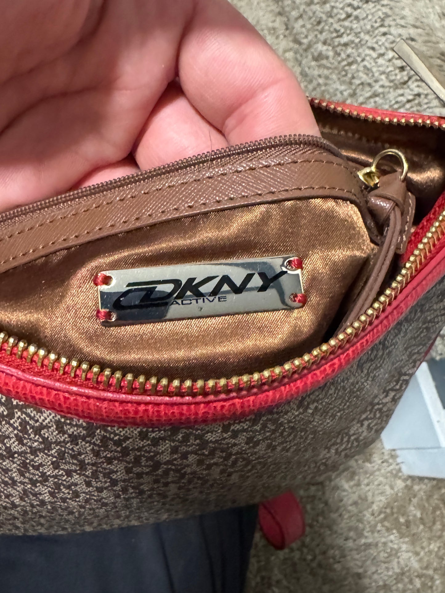 Vintage DKNY Active Crossbody Bag – Monogram Print Red Trim Purse 9.5” x 10”