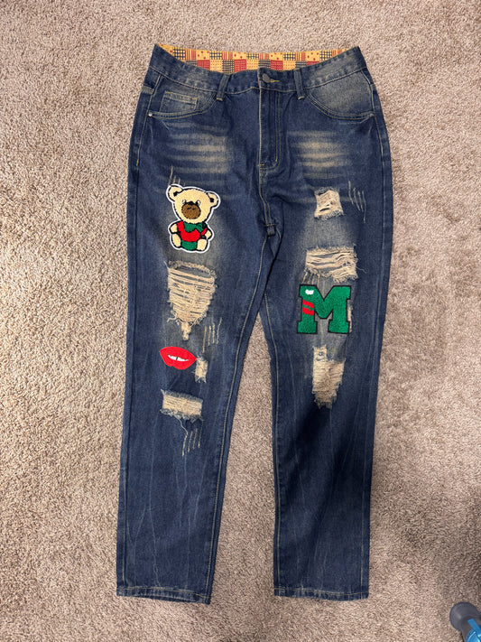 Men’s Distressed Patchwork Jeans – Size 34, Dark Wash, Slim Straight, Ripped Denim w/ Bear Patch