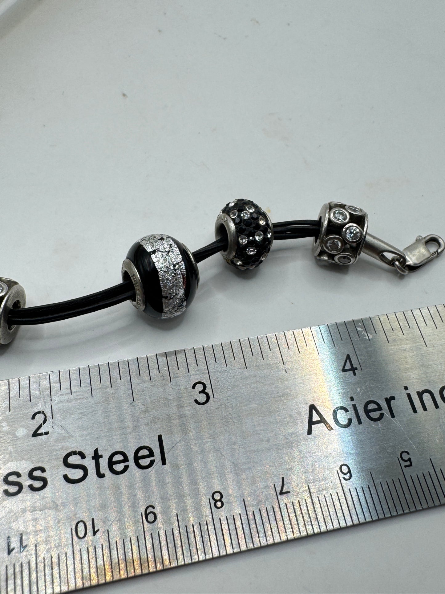 Vintage APART Sterling Silver & Leather Charm Bracelet – Black Rhinestone European Bead Style