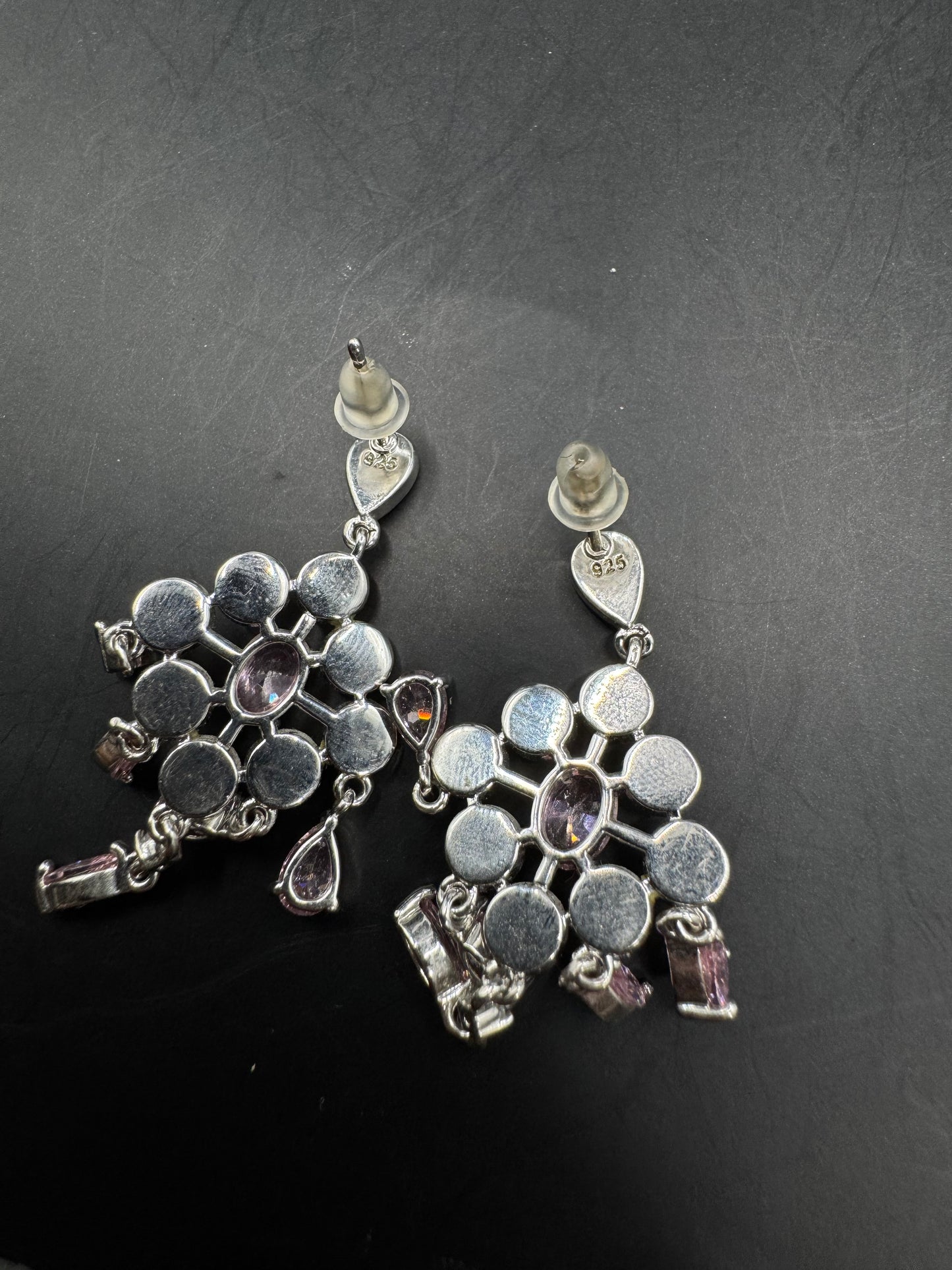 Silver Pink Opal & Crystal Dangle Earrings – Marked 925