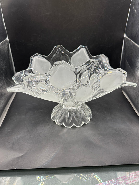 Vintage Bohemia Glass Footed Fruit Bowl – Frosted Crystal Centerpiece Made in Czechoslovakia 13.5”