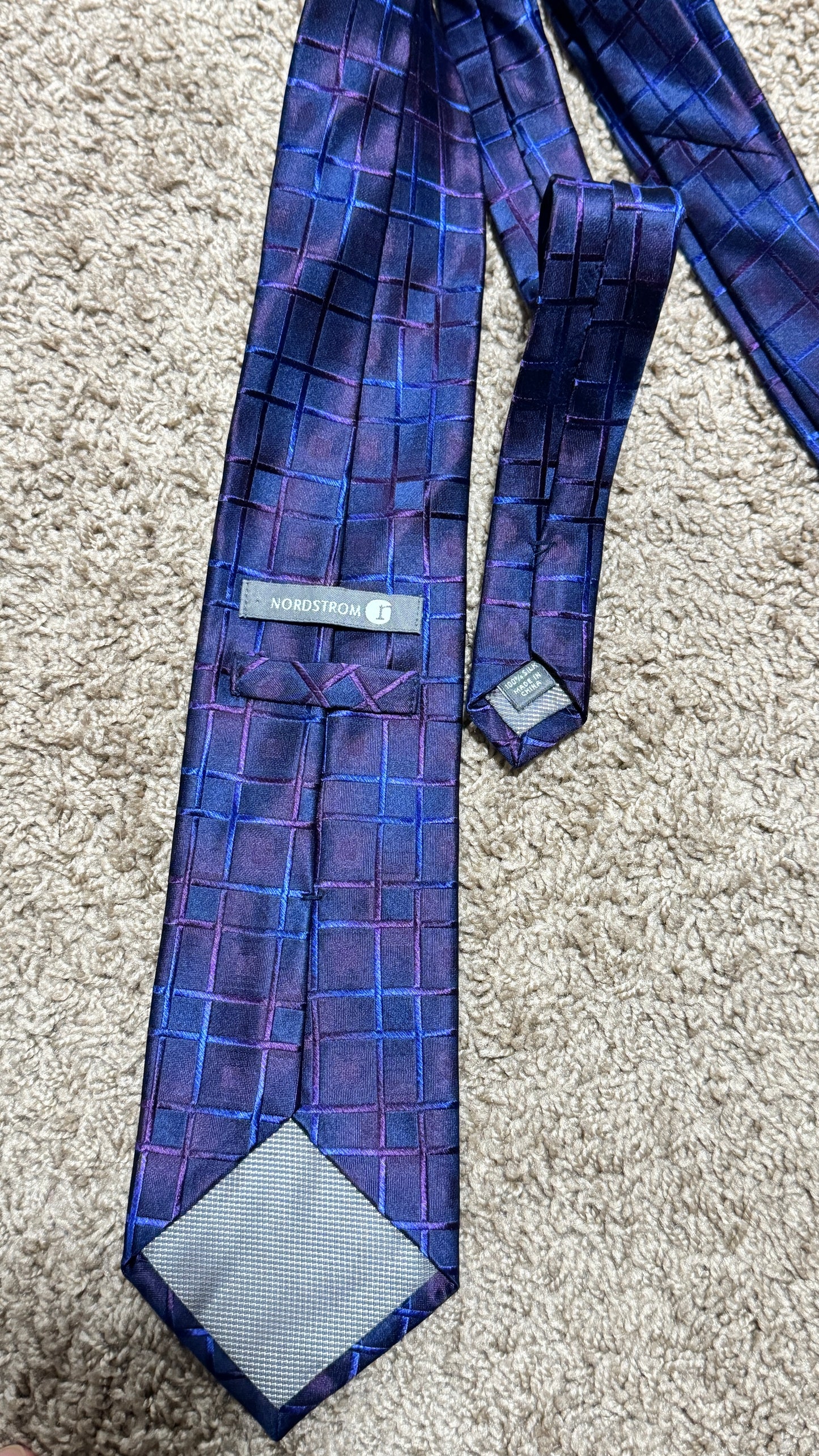 Vintage Nordstrom 100% Silk Geometric Tie – Purple Blue Abstract Grid Designer Necktie 66” x 3.5”