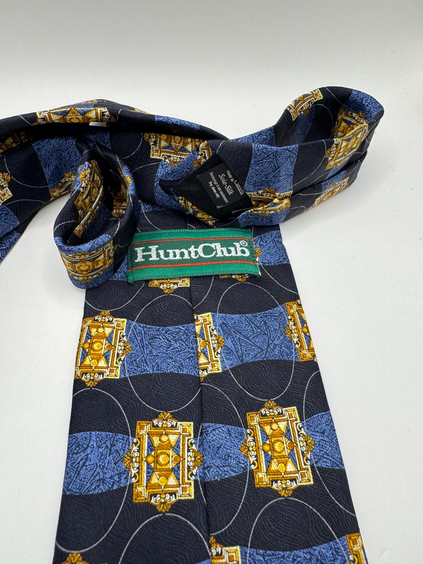 Vintage Hunt Club 100% Silk Tie – Geometric Blue & Gold Pattern, 56” x 4”