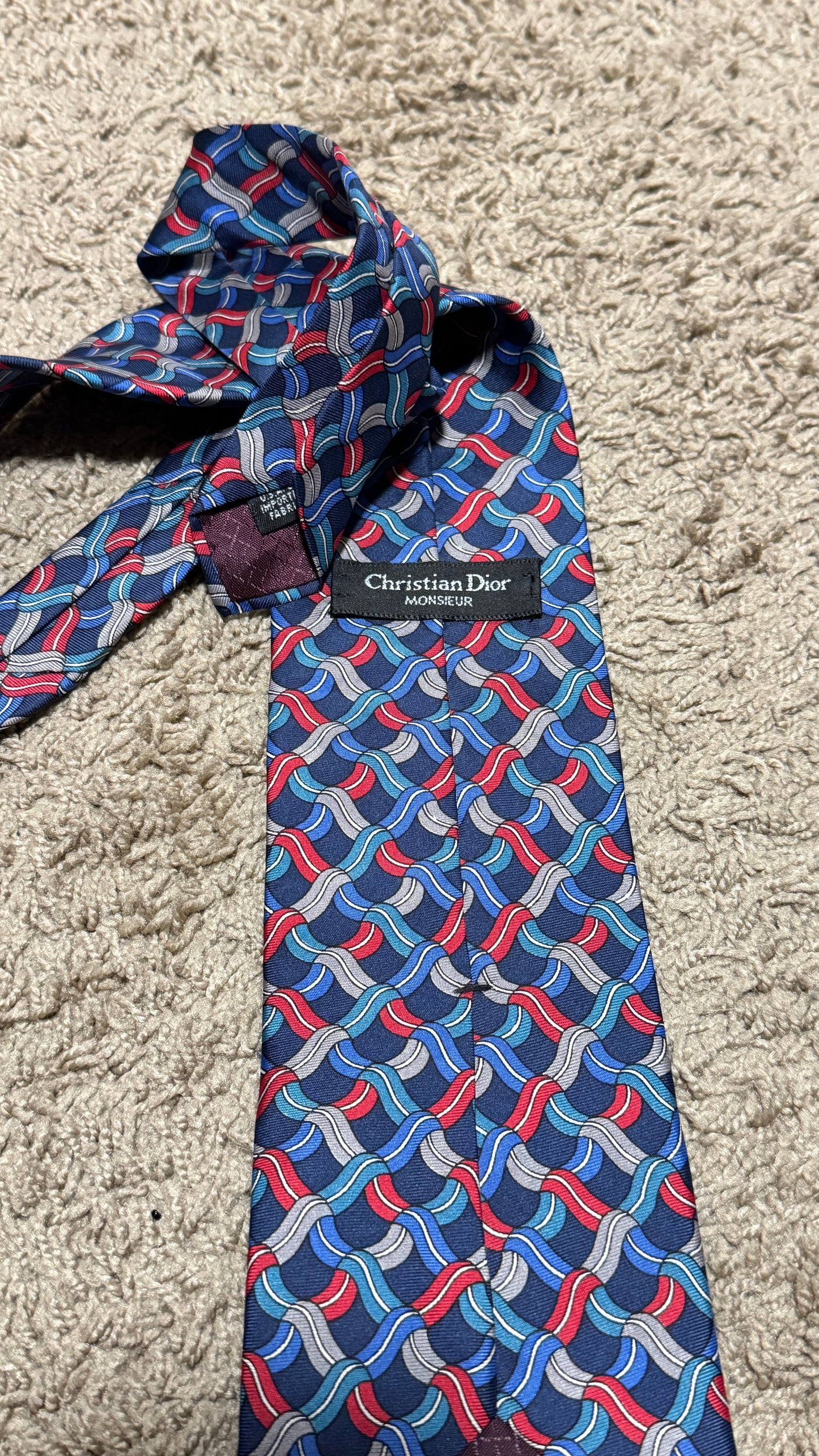 Vintage Christian Dior Silk Tie – Geometric Wave Pattern, Blue/Red, 100% Silk, Made in France