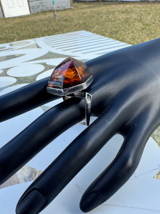 Vintage Modernist Amber Ring Sterling Silver Geometric Brutalist Style Sz 7.5