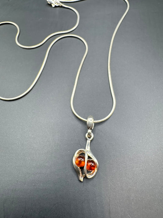 Amber Drop Pendant Necklace – 925 Sterling Silver, 17” Chain