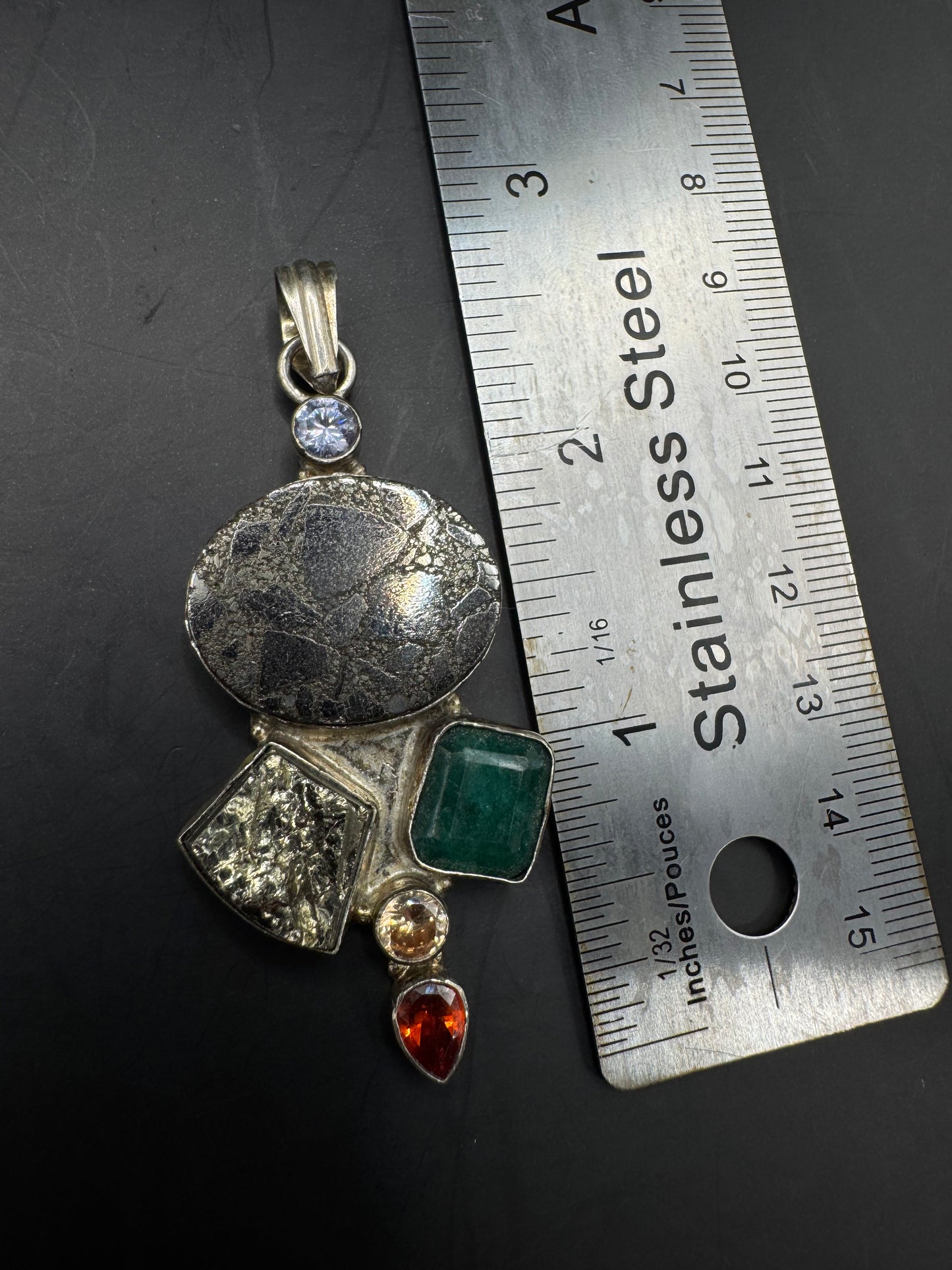 Large Vintage Sterling Silver Pendant with Natural Gemstones