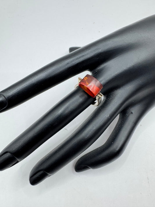 Sterling Silver Amber Barrel Ring Size 7