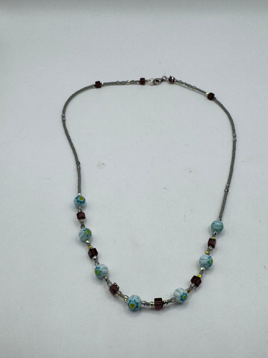 Vintage Art Glass Necklace – Lampwork Blue Floral Beads, Sterling Silver Clasp 925, 21”
