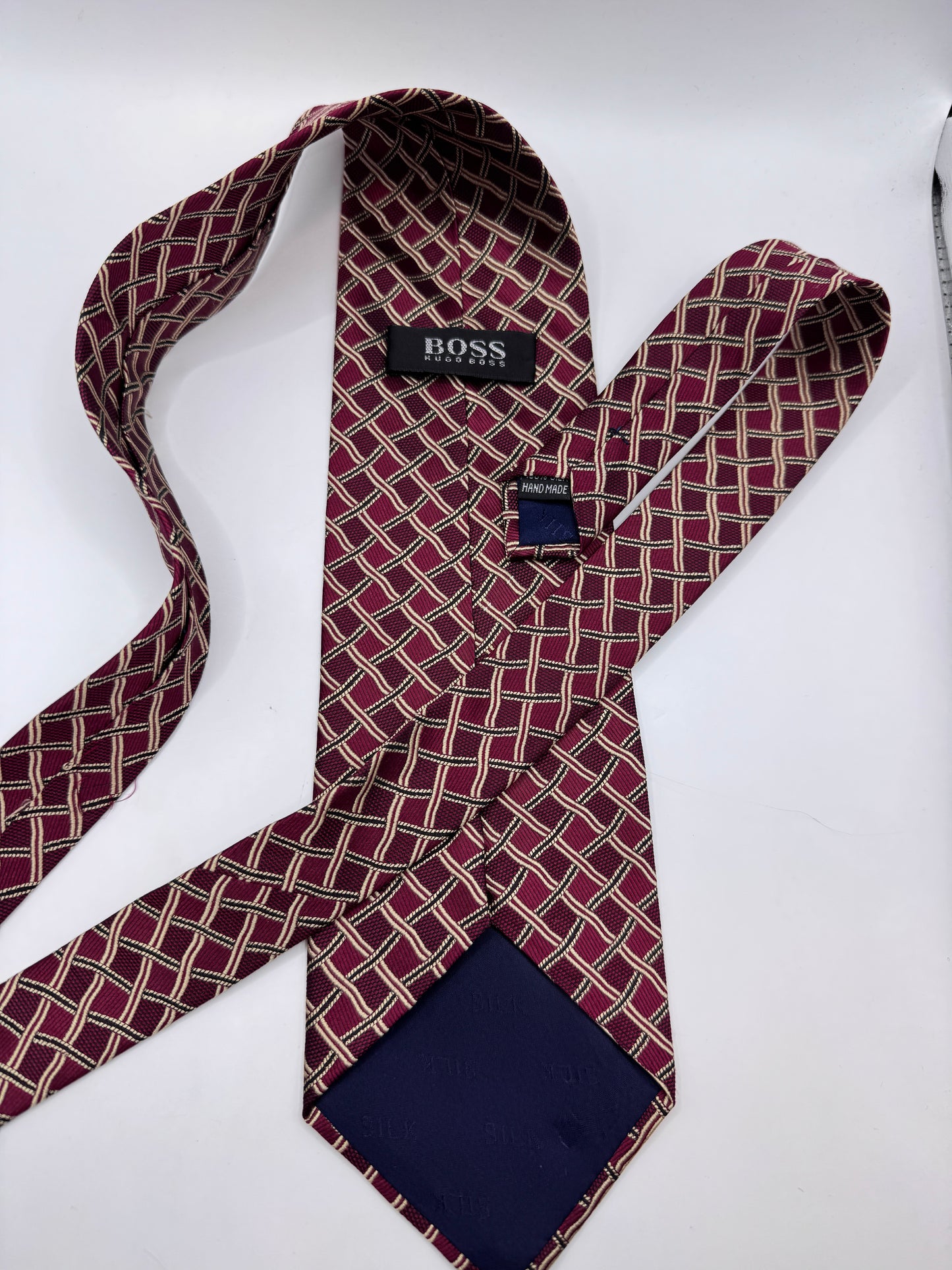 Vintage Hugo Boss Silk Tie – 100% Silk, Burgundy Geometric Pattern