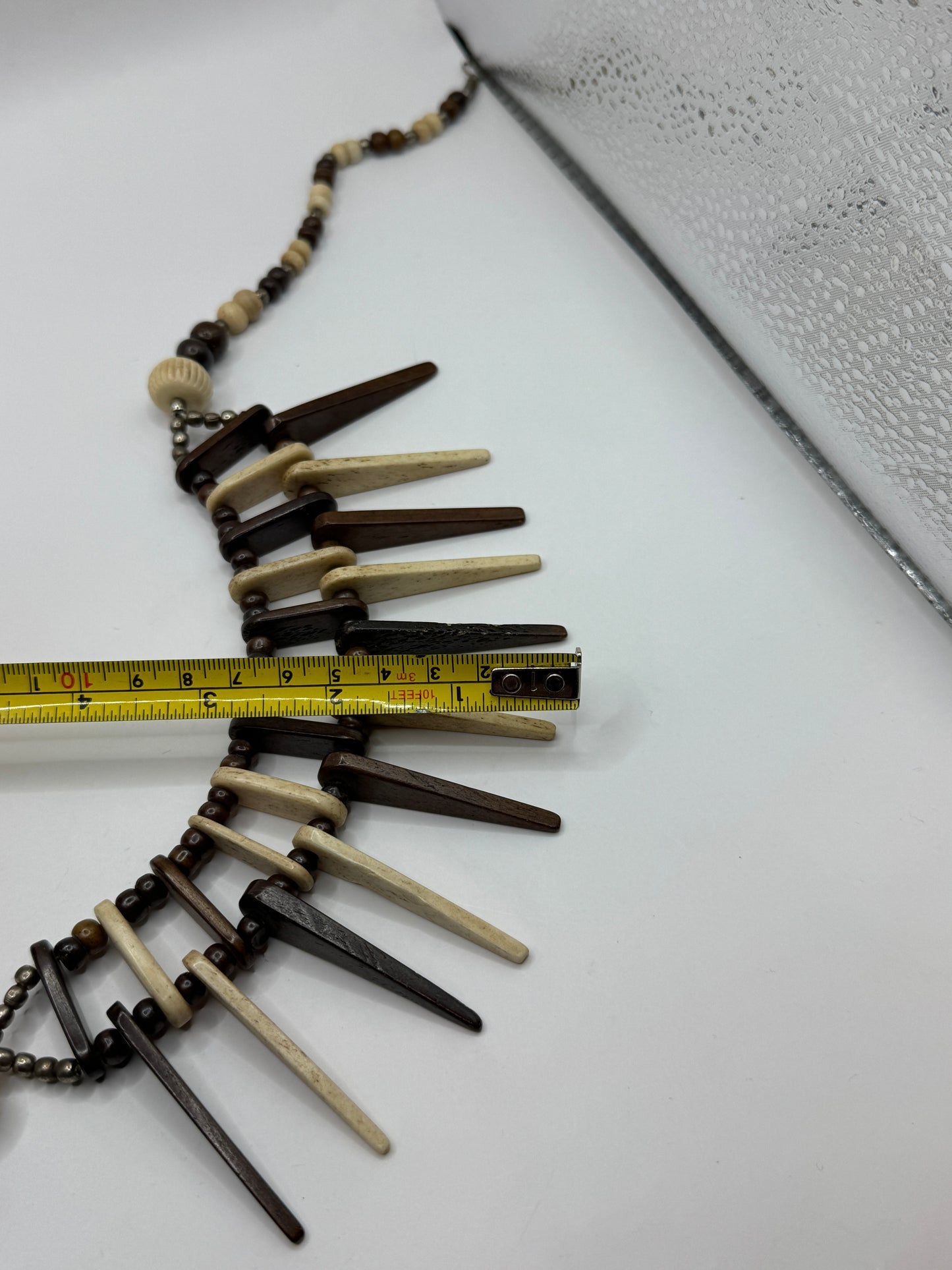 Vintage Bohemian Artisan Necklace – Bone & Mahogany Wood, Tribal Fringe Design, 20”