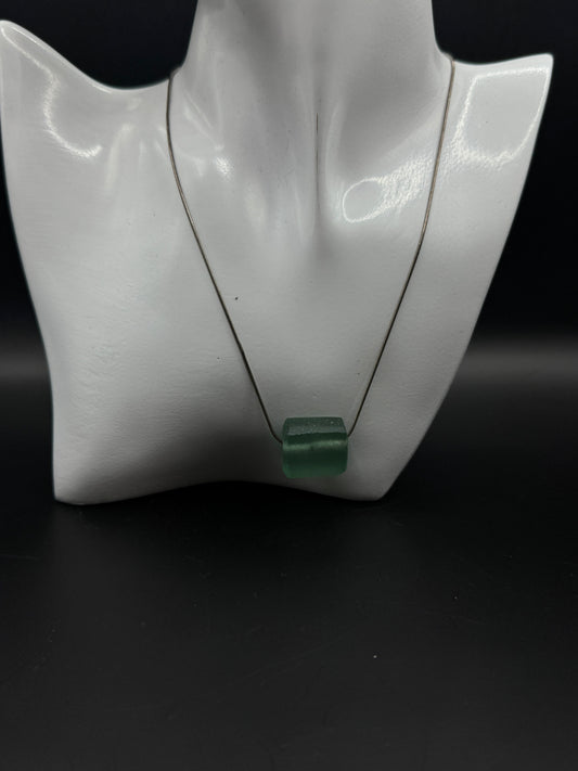 Sterling Silver Green Glass Pendant Necklace – Scandinavian Minimalist Cube, 16”