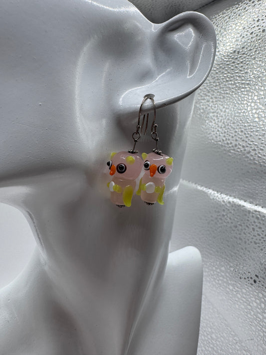 Vintage Handmade Sterling Silver 925 Murano Glass Owl Earrings