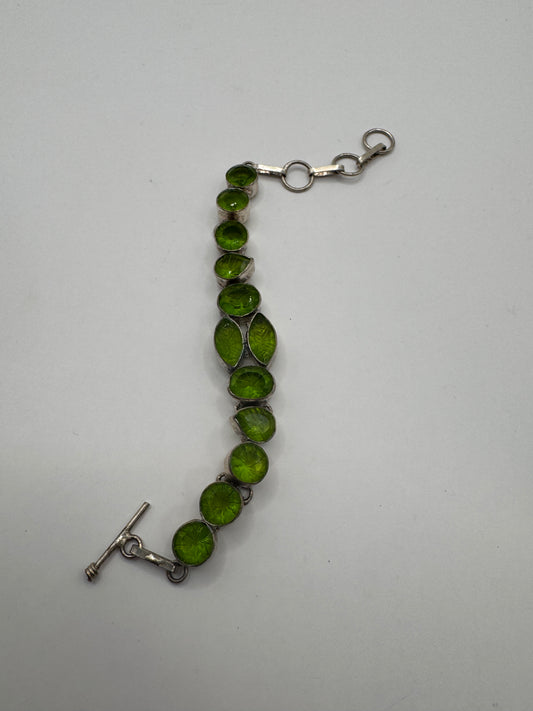 Vintage Custom Sterling Silver Bracelet with Green Glass Stones β 7.5"