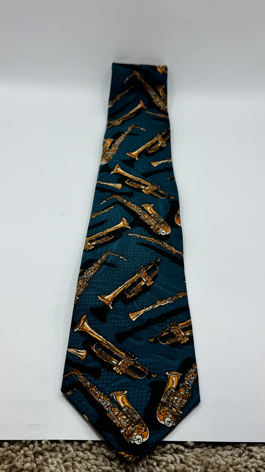 Vintage Protocol Musical Instrument Tie, Blue Novelty Print