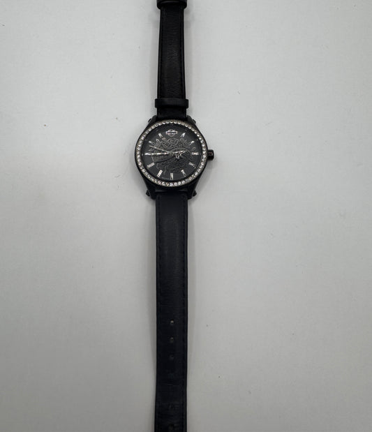 Limited Edition Bulova Harley-Davidson Womenβs Watch β Black Leather Strap & Crystal Bezel
