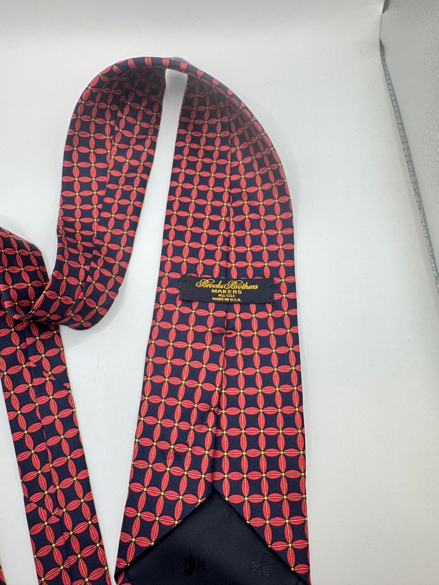 Vintage Brooks Brothers Silk Tie – 100% Silk, Red & Navy Geometric Pattern