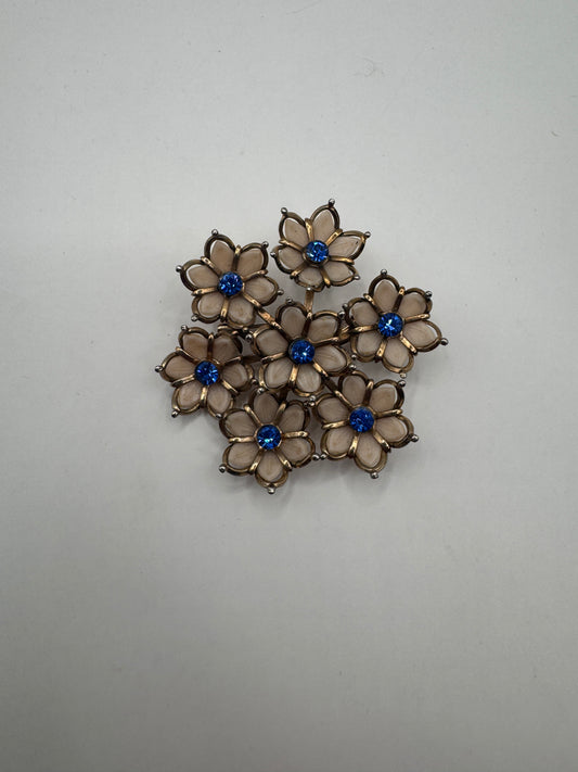 Vintage 1940s–1950s Floral Brooch with Blue Rhinestones