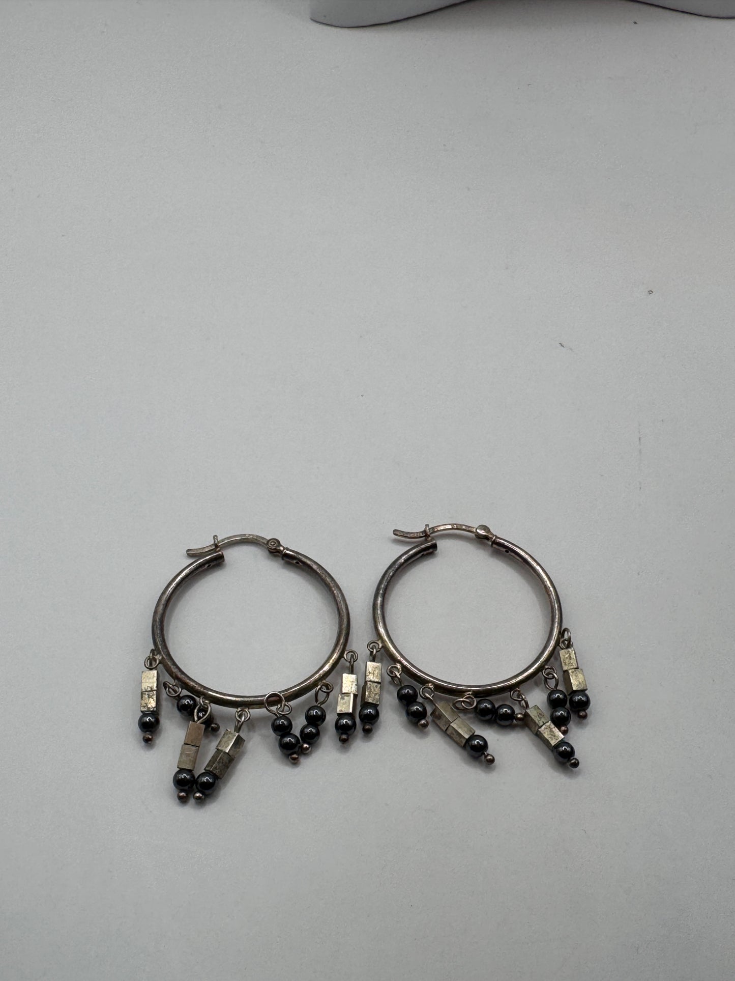 Vintage Sterling Silver Hoop Earrings with Black Onyx Dangles – Excellent Condition