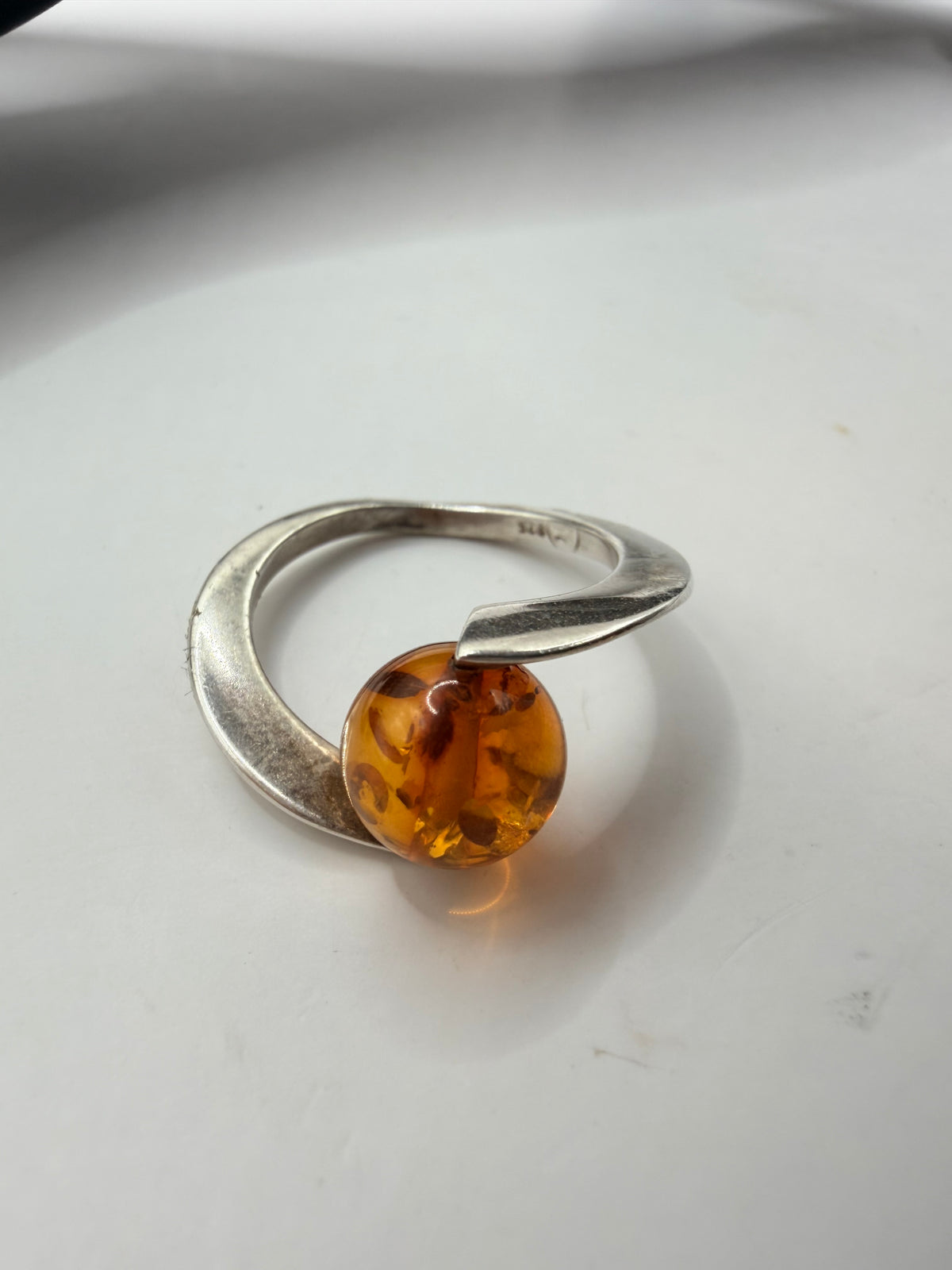 Amber Sphere Sterling Silver Ring Size 5