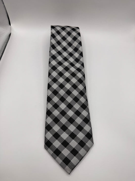Black Brown 100% Silk Tie – Black & White Checkered, 59” x 3.5”