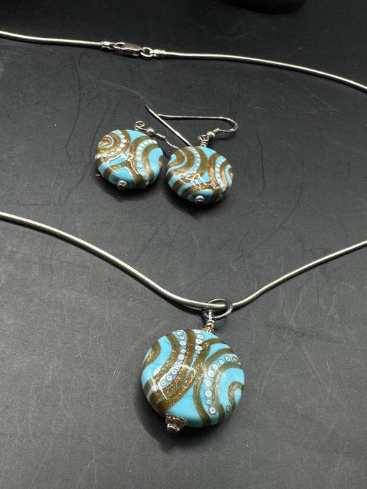 Vintage Sterling Silver Jewelry Set – Hand-Painted Necklace & Earrings, 18”