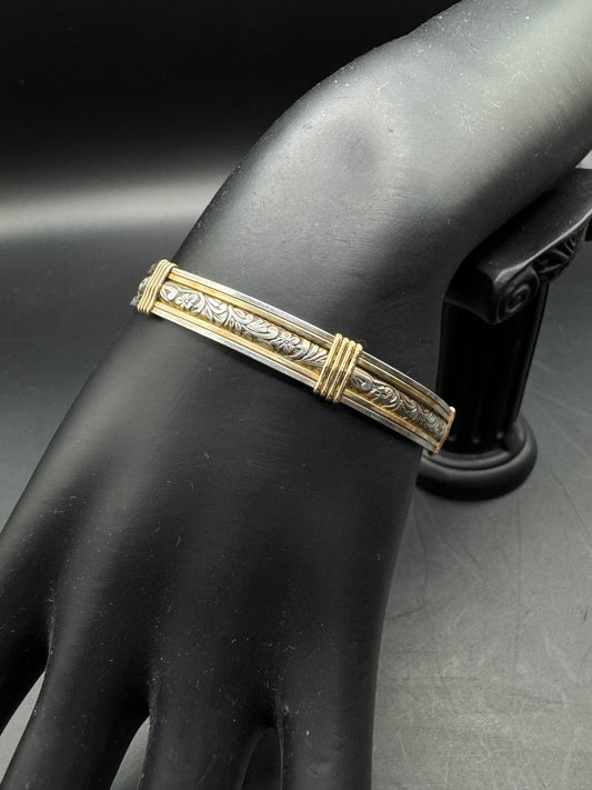 Vintage Sterling Silver Bracelet with 14k Gold-Filled Accents – Floral Engraved