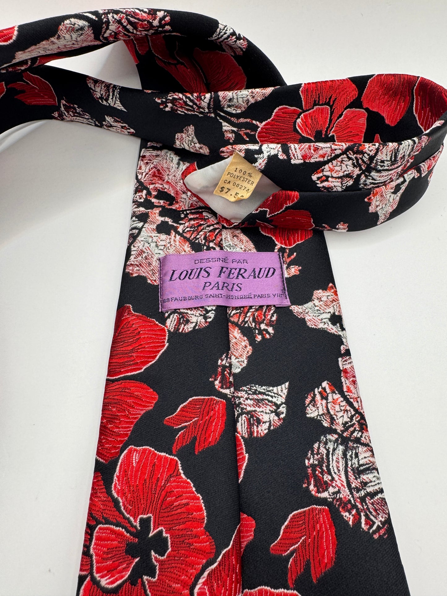 Vintage Louis Feraud Tie – Red Floral Print, 100% Polyester, 56” x 4.5”