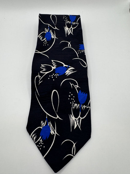 Vintage Gino Rossini Italian Silk Tie – Abstract Blue Floral, 56” x 3.5”, Made in Italy