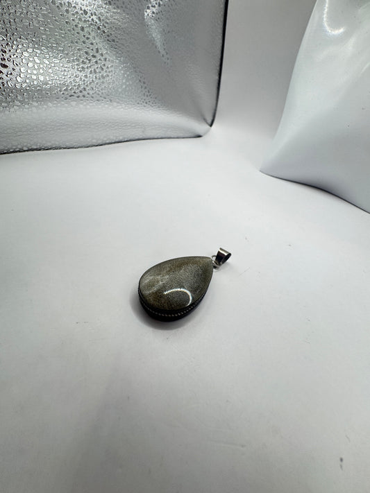 Vintage Sterling Silver Teardrop Gold Sheen Obsidian Pendant – Excellent Condition
