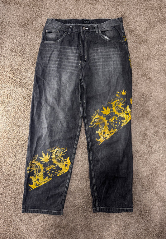 Vintage Y2K Knockout Men’s Baggy Jeans – Size 38x32, Black Denim w/ Gold Graphic Print, Hip Hop Style