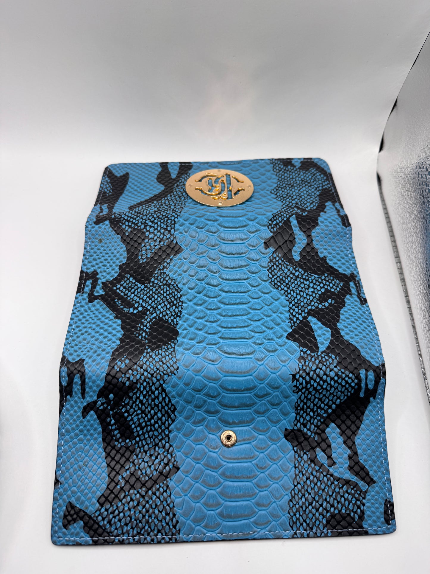 Vintage Roberto Cavalli Wallet – Blue & Black Embossed Leather, Brand New