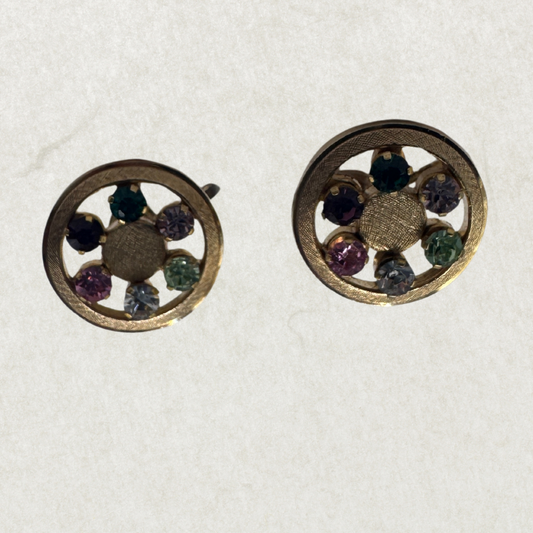Anson Rainbow Crystal Clips Earrings – 1950s Gold-Plated Sterling Vintage Jewelry
