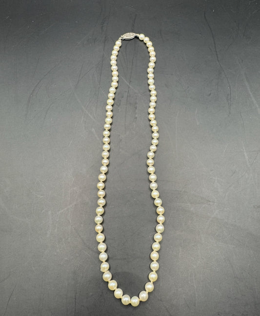 Vintage Mid-Century Pearl Necklace with Sterling Silver Clasp – 16.5” Choker Length