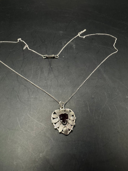 Vintage 925 Silver Heart Ruby Pendant Necklace