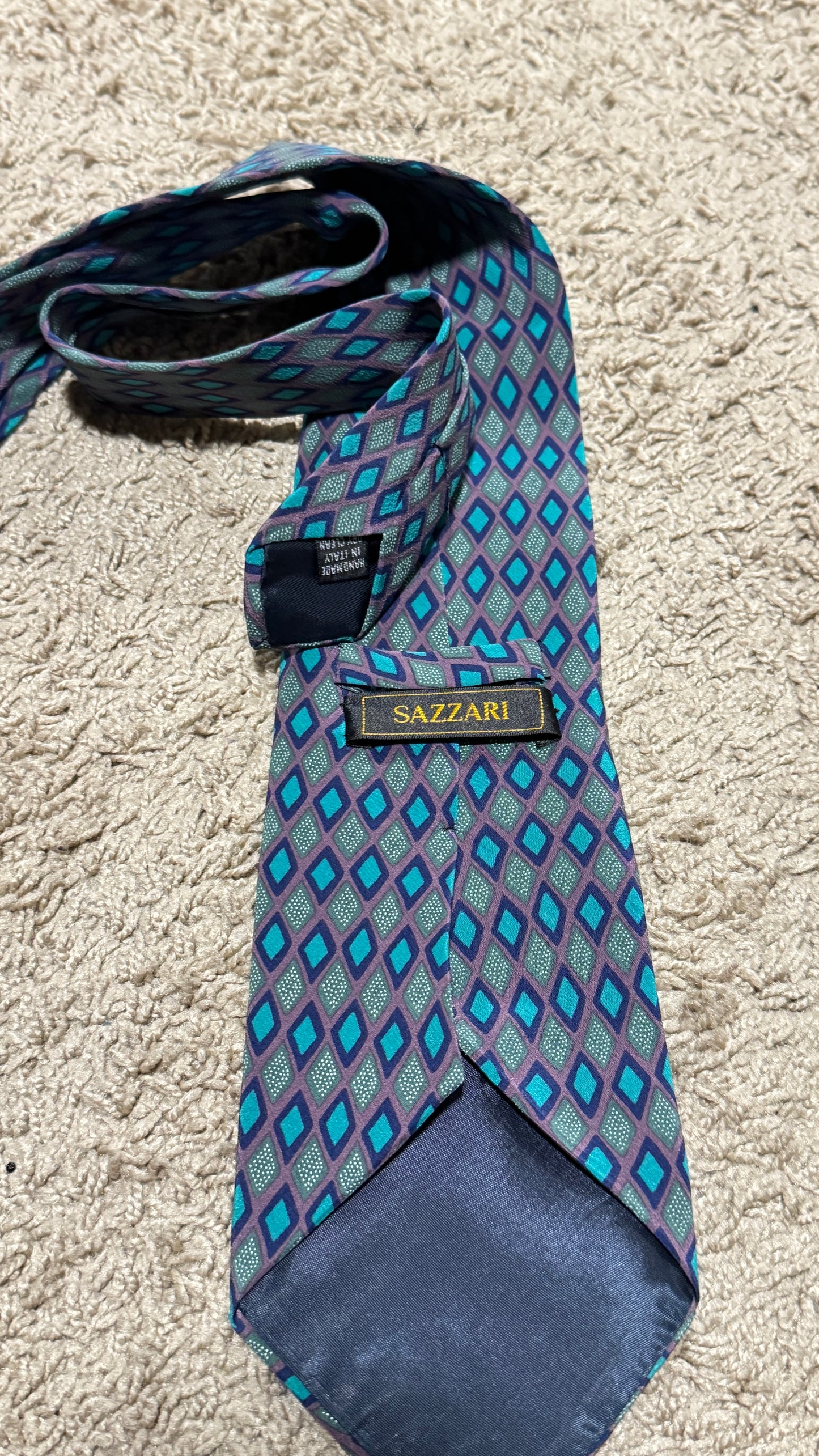 Vintage Sazzari Silk Tie – Geometric Diamond Pattern, Purple & Teal, 100% Silk, 57”