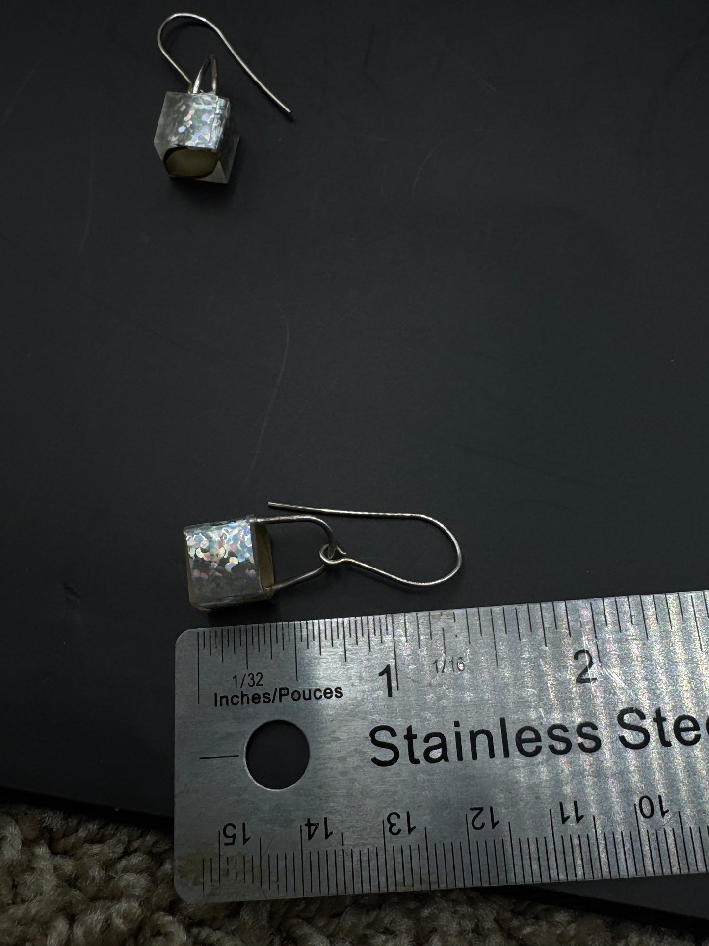 Vintage Sterling Silver Padlock Dangle Earrings – Iridescent Resin Inlay, Minimalist Lock Design